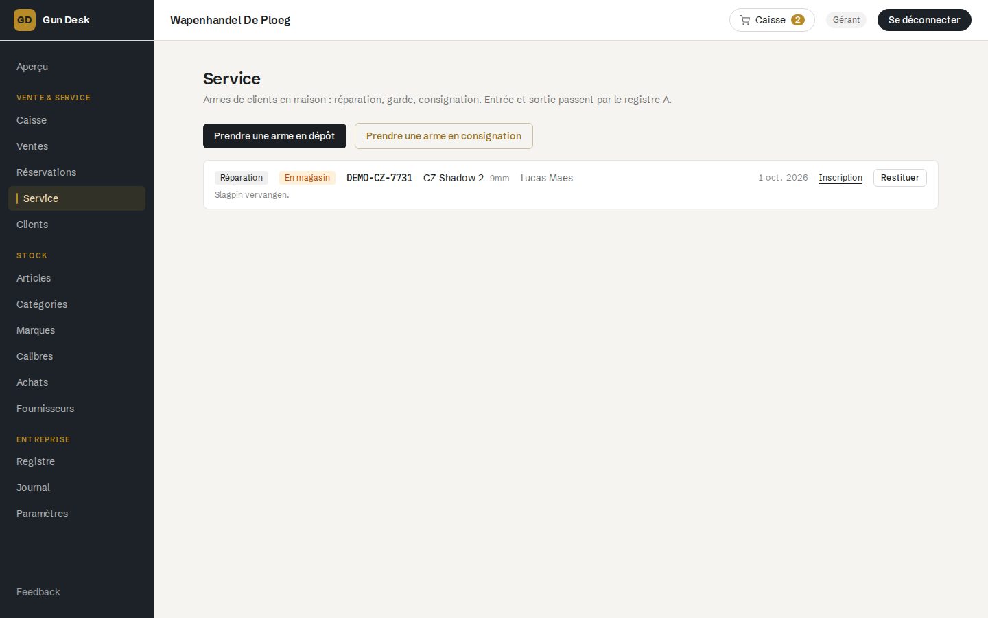 Capture d'écran : Service, dépôt-vente et achat